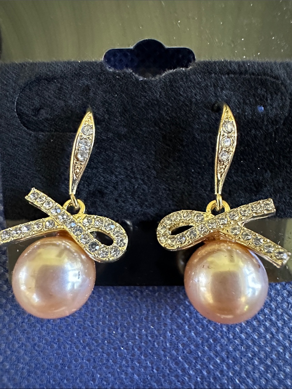 Gold Bow Drop Earrings with Pink/gold Pearl Accent